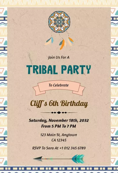 Tribal Theme Adventure 6th Birthday Celebration Invitation Template