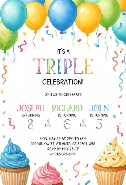 Triple Birthday Celebration Colorful Fun Invitation Template