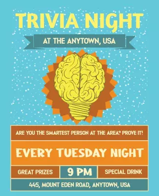 Playful Blue Trivia Night with Brain Illustration Flyer Template