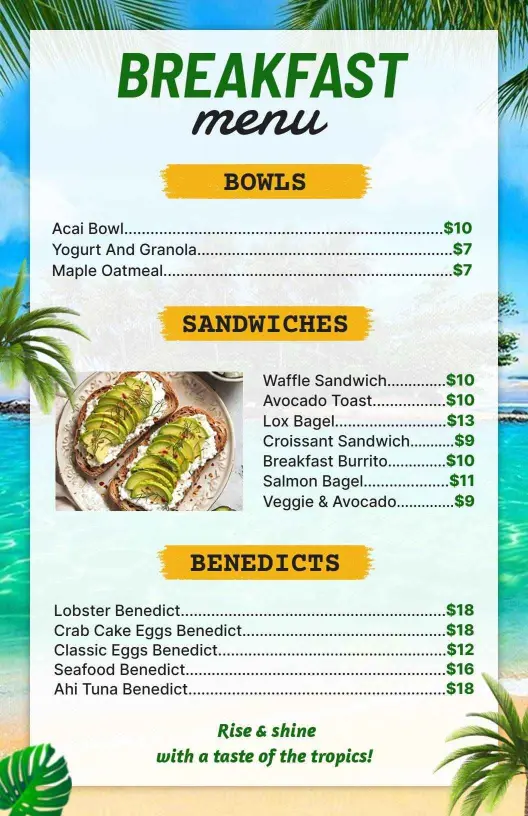 Tropical Acai Bowls and Savory Sandwiches Breakfast Menu Template