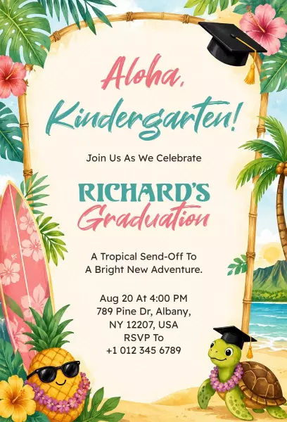 Tropical Aloha Kindergarten Graduation Celebration Invitation Template