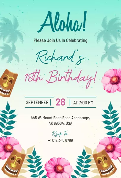 Tropical Aloha Luau 18th Birthday Celebration Invitation Template