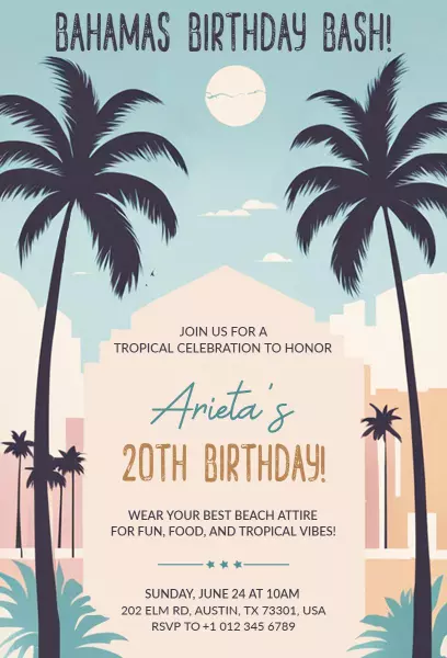 Tropical Bahamas Beach Party Birthday Celebration Invitation Template
