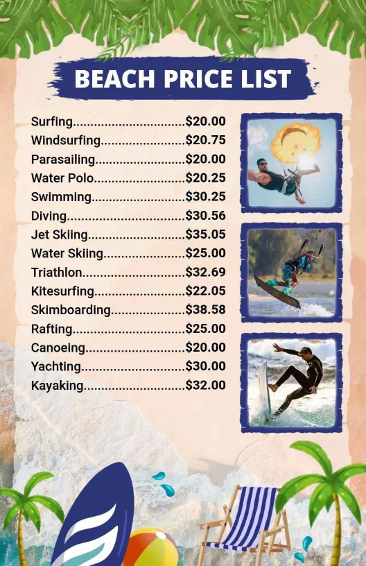 Tropical Beach Activities Price List Template