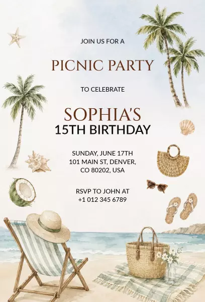Tropical Beach Picnic Summer Birthday Celebration Invitation Template