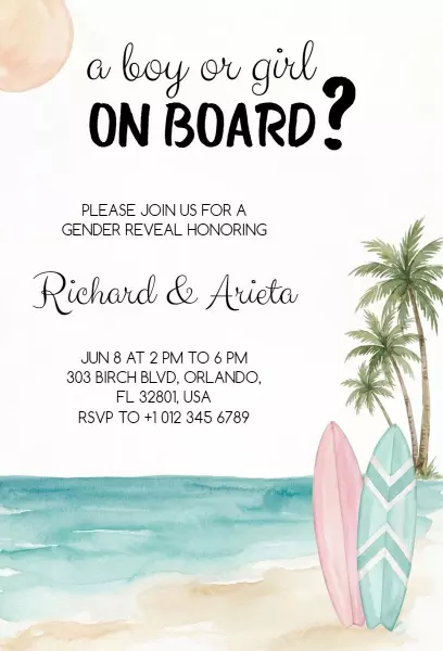 Tropical Beach Surfboard Gender Reveal Celebration Invitation Template
