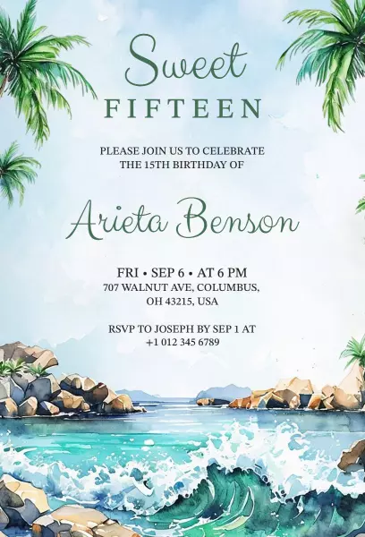 Tropical Beach Sweet Fifteen Birthday Celebration Invitation Template