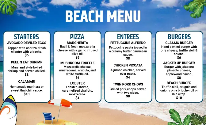 Tropical Beach Theme Restaurant Menu Template