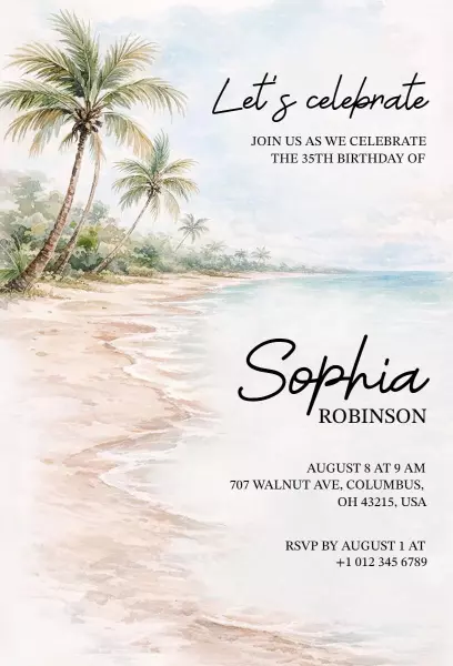 Tropical Beach Watercolor Summer Birthday Celebration Invitation Template