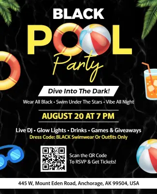 Tropical Black-Themed Night Pool Party Flyer Template