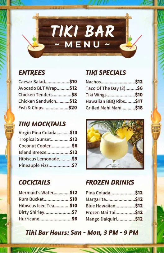 Tropical Cocktails and Mocktails with Tiki Vibes Bar Menu Template