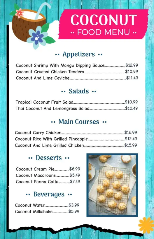 Tropical Coconut Dishes and Refreshing Desserts Fruit Menu Template