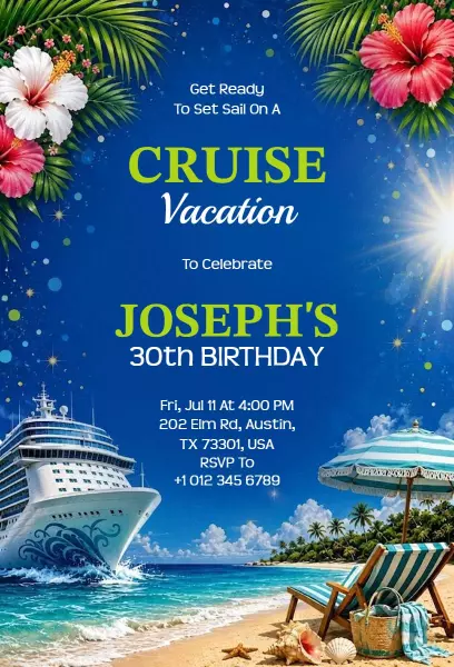 Tropical Cruise Vacation Summer Birthday Celebration Invitation Template