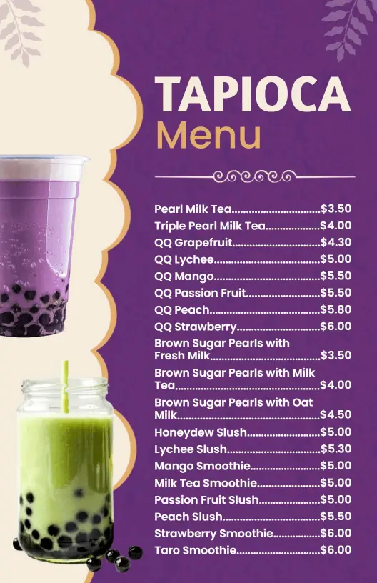 Tropical Flavors and Creamy Textures Boba Menu Template