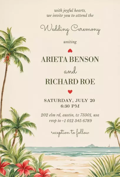 Tropical Floral Beach Wedding Ceremony Invitation Template