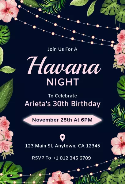 Tropical Floral Havana Night Birthday Celebration Invitation Template