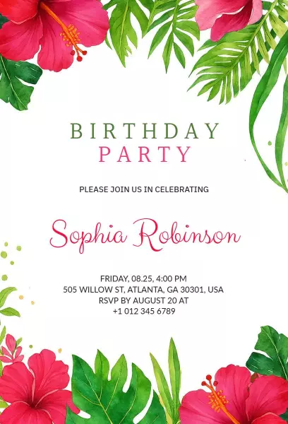 Tropical Floral Hibiscus Birthday Celebration Invitation Template