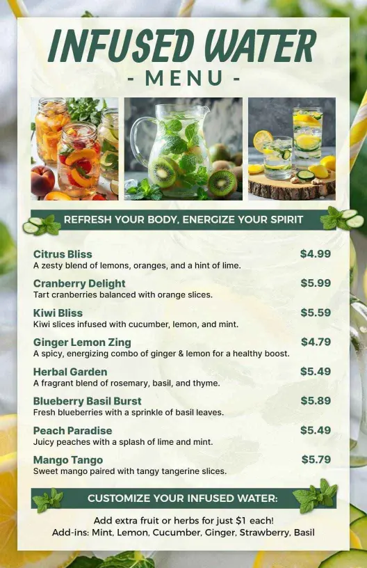 Tropical Fruit Infused Water Selection Menu Template