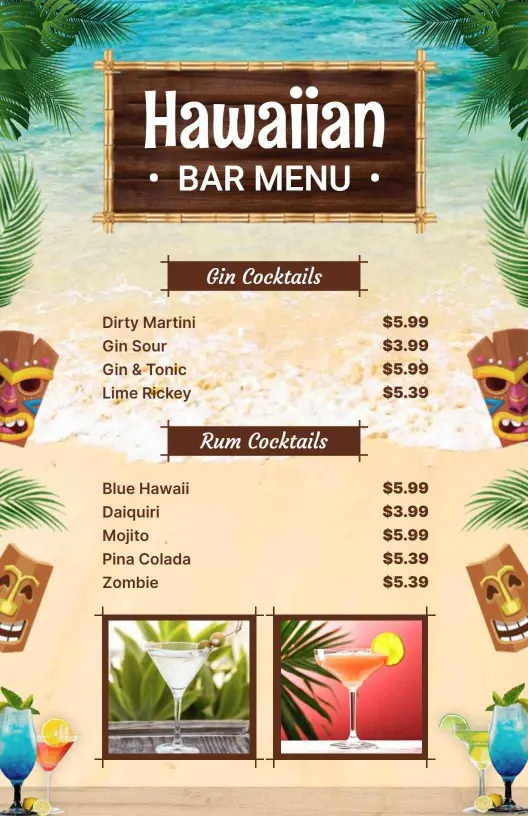 Tropical Hawaiian Cocktails and Refreshing Drinks Bar Menu Template
