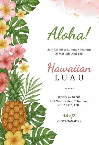Tropical Hawaiian Luau Summer Party Invitation Template