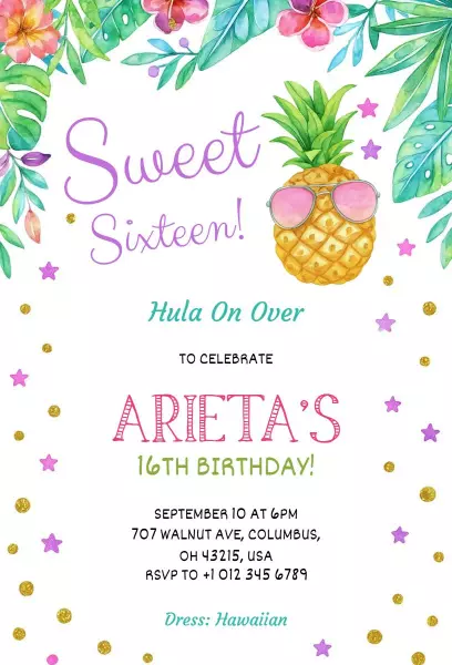 Tropical Hawaiian Sweet 16 Birthday Celebration Invitation Template