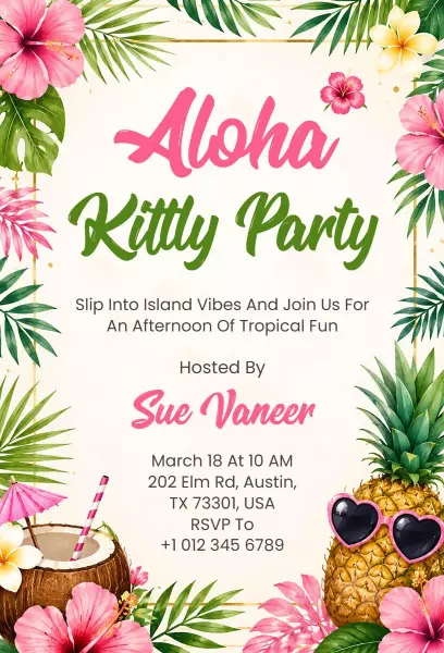 Tropical Island Aloha Kitty Party Invitation Template