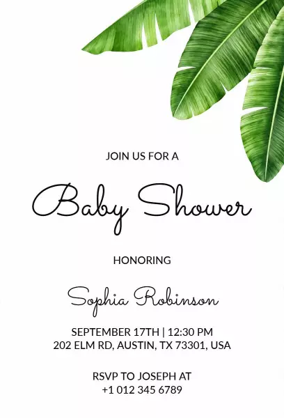 Tropical Leaf Inspired Baby Shower Celebration Invitation Template