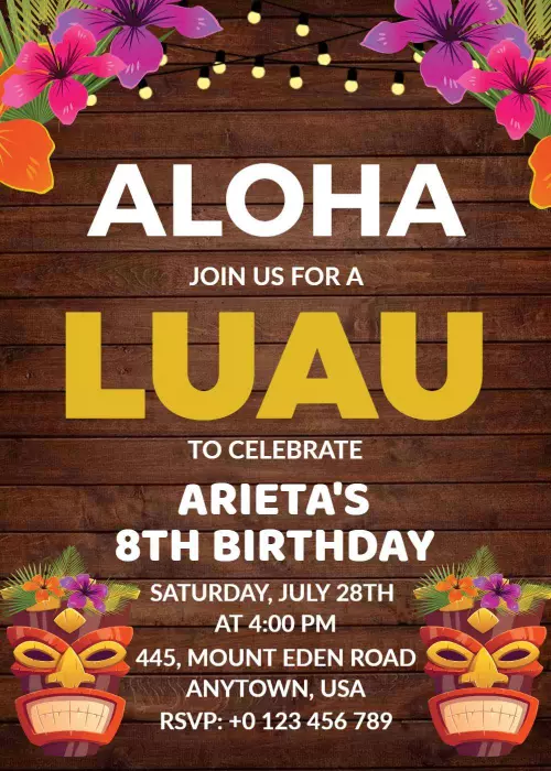 Tropical Luau 8th Birthday Celebration Invitation Template