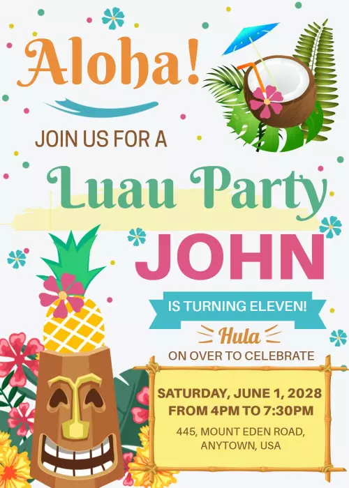 Tropical Luau Theme Birthday Celebration Invitation Template