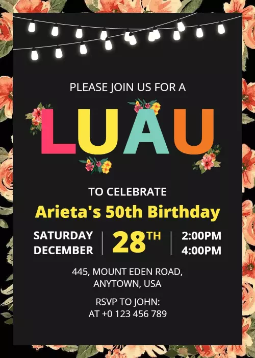 Tropical Luau Themed 50th Birthday Celebration Invitation Template