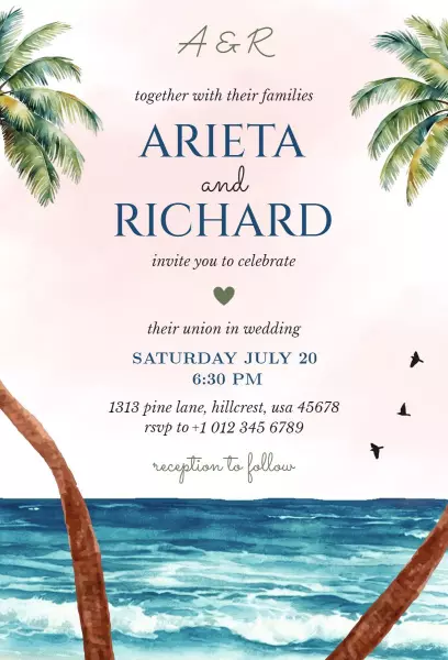 Tropical Palm Beach Wedding Celebration Invitation Template