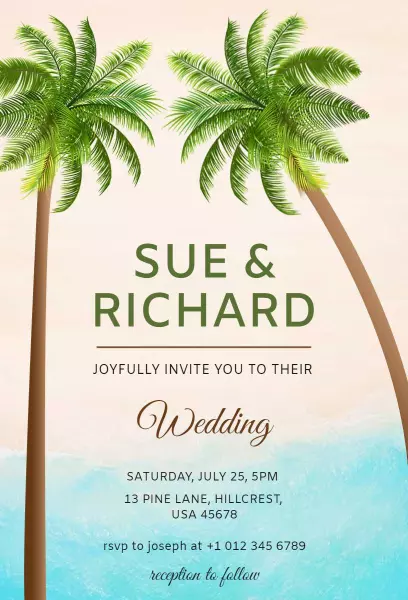 Tropical Palm Beach Wedding Ceremony Invitation Template