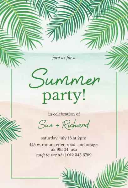 Tropical Palm Leaf Summer Party Celebration Invitation Template