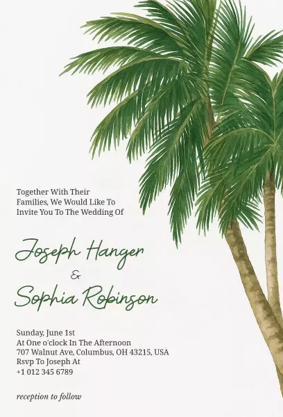 Tropical Palm Leaf Summer Wedding Ceremony Invitation Template