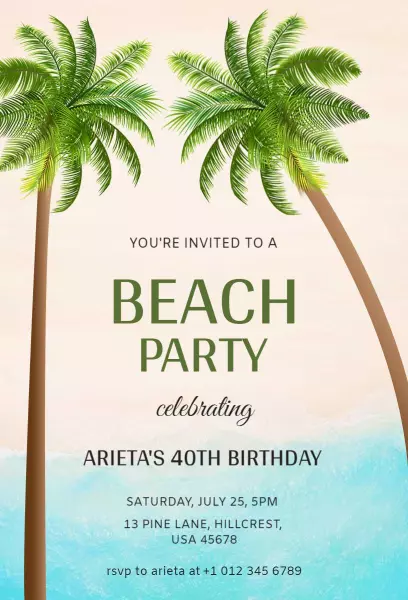 Tropical Palm Tree Beach Birthday Party Invitation Template