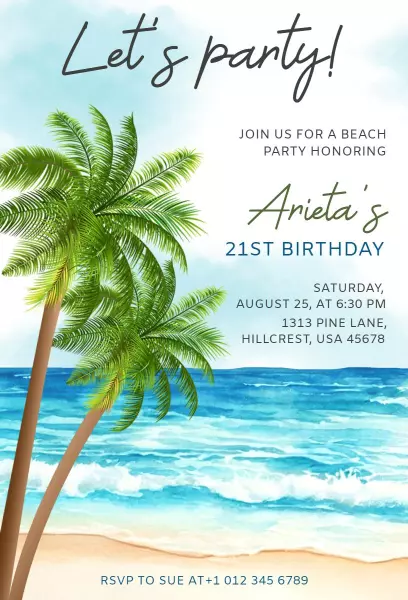 Tropical Palm Tree Beach Party Birthday Celebration Invitation Template