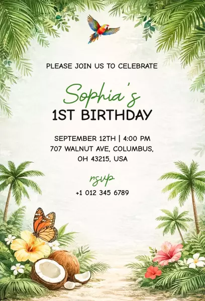 Tropical Paradise Vibes 1st Birthday Celebration Invitation Template