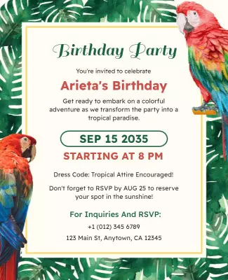 Tropical Parrot Birthday Party Invitation Flyer Template