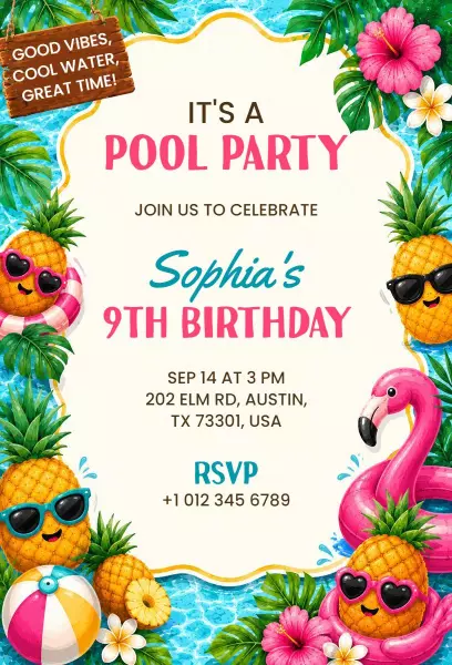 Tropical Pineapple Theme Pool Party Celebration Invitation Template