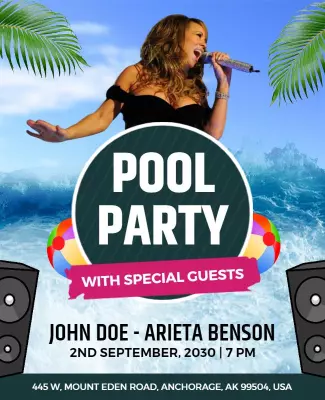 Tropical Summer Pool Party Celebration with Live Music Poster Template