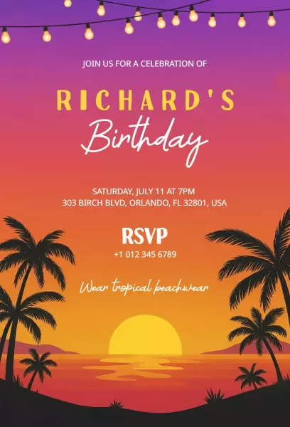 Tropical Sunset Summer Birthday Celebration Invitation Template