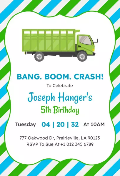 Truck Theme Exciting 5th Birthday Celebration Invitation Template