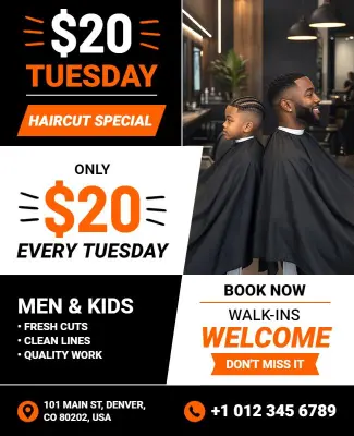Tuesday Haircut Special Barber Shop Promotion Flyer Template