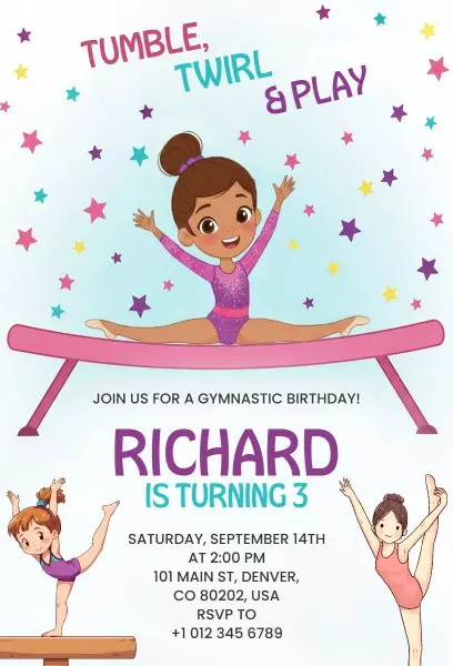 Tumble Twirl Play Gymnastics Birthday Celebration Invitation Template