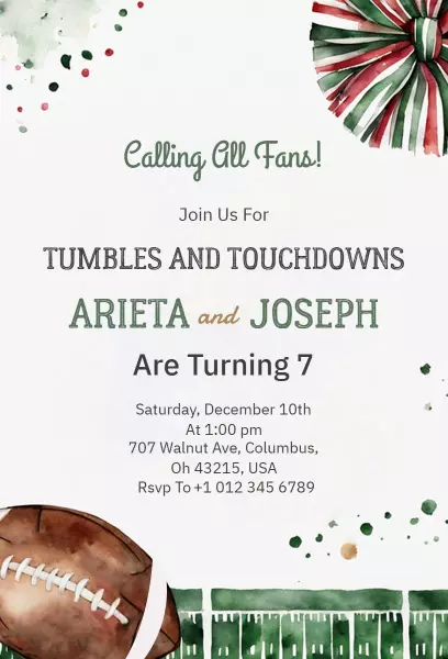 Tumbles Touchdowns Football Birthday Celebration Invitation Template