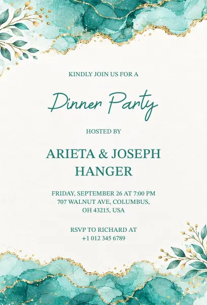 Turquoise and Gold Dinner Party Invitation Template