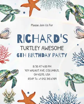 Turtle Themed Children's Birthday Party Flyer Template