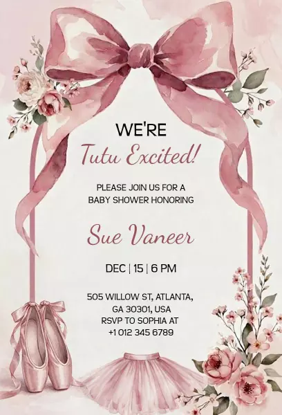 Tutu Excited Bows Ribbons Baby Shower Invitation Template