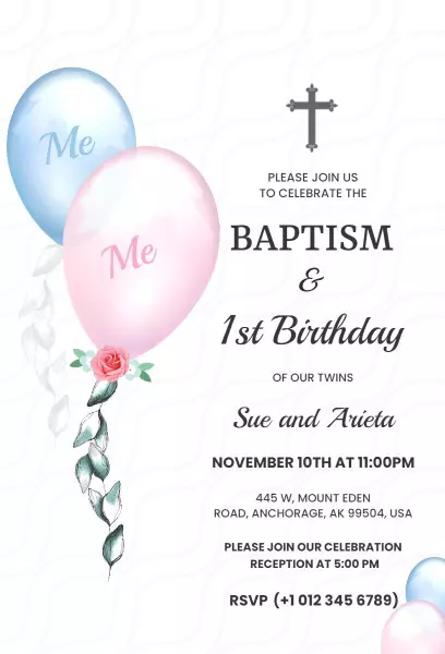 Twin Baptism and First Birthday Celebration Invitation Template