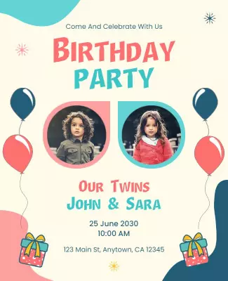 Twins Birthday Celebration Invitation Flyer Template